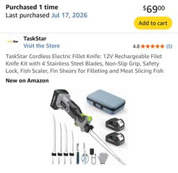 TaskStar Cordless Electric Fillet Knife: 12V Rechargeable Filet Knife Kit with 4 Stainless Steel Blades, Non-Slip Grip, Safety Lock
