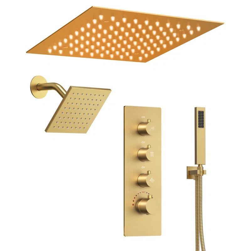 Brushed Gold LED Thermostatic Shower Faucet 12" High-Pressure Dual Showerheads with Handheld Shower