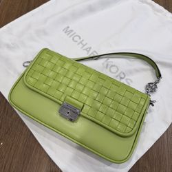 Michael Kors Bradshaw Woven Leather Convertible Shoulder Bag Lime Color 