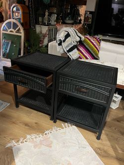 Beyond beautiful vintage black wicker nightstands 20”x18”x24”