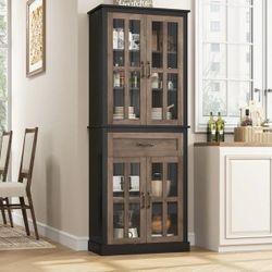 Modern Storage Cabinet with Glass Doors, 71'' Kitchen Pantry with Adjustable Shelves, Wood Bookcase, Black & Oak
