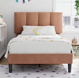 VECELO Twin Size Bed Frame with Upholstered Headboard, Heavy-Duty Bedframe with Wooden Slats & Steel Framework, Easy Assembly, Coffee
