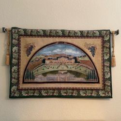 French Burgundy Vineyard Woven Tapestry w/ Decorative Rod & Tassels