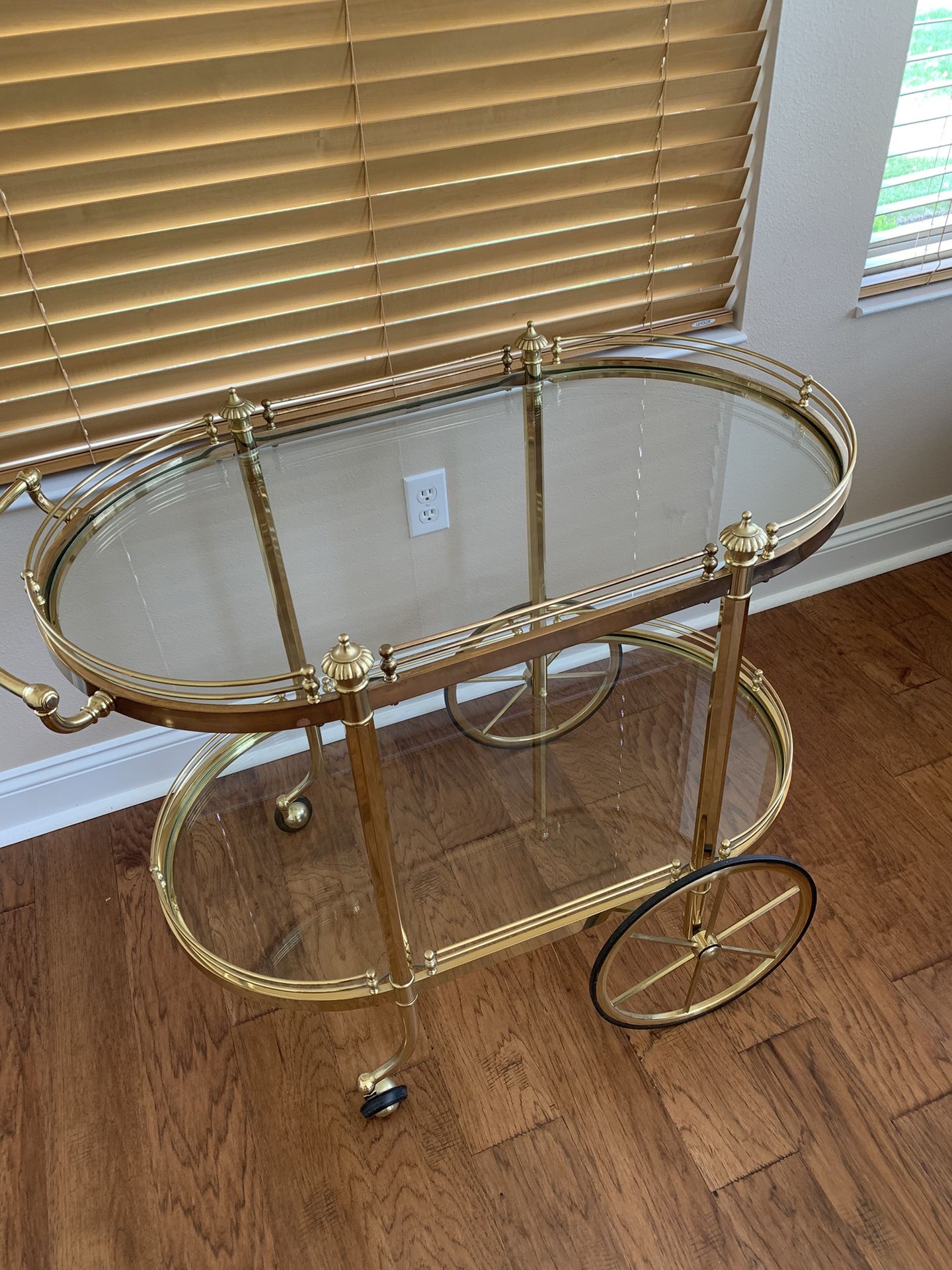 Vintage Mid Century Modern Two Tier Brass and Glass Rolling Tea/Bar Cart