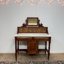 Antique 1900s marble top tile back oak wash stand - free delivery