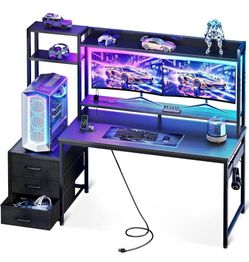 48 Inch Gaming Desk with Hutch & 3 Fabric Drawers, Computer Desk with USB Ports & LED Lights
