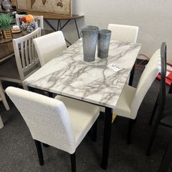 Dining Room Set White Marble And Cloud Fabric Chairs 