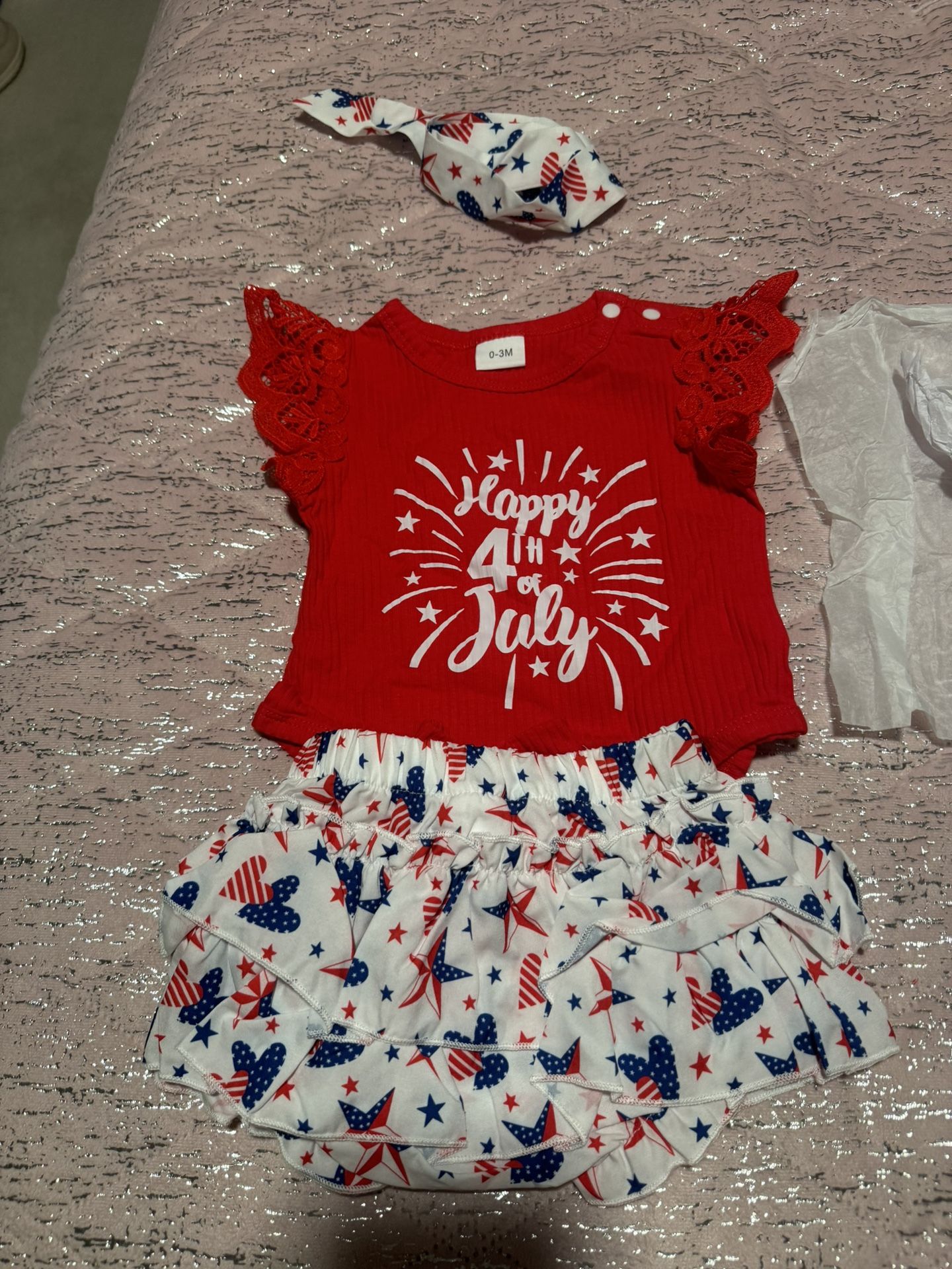 Baby's "Happy 4th Of July" Print 2pcs Independence Day Outfit, Lace Sleeve Bodysuit & Layered Shorts Set, Toddler & Infant Girl's Clothes For Daily/Ho