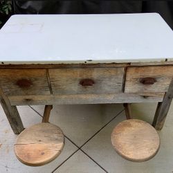 Antique Porcelain Top Work Table With Foldaway Seats