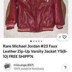 Rare Michael Jordan #23 Faux Leather Zip-Up Varsity Jacket YS