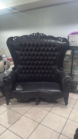 Double High Back Chair Queen Throne in Black Leather and Black Gloss Frame