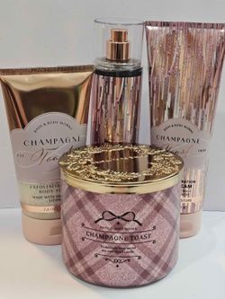 New Bath & Body Works CHAMPAGNE TOAST body scrub, lotion, perfume & bow candle retail $84