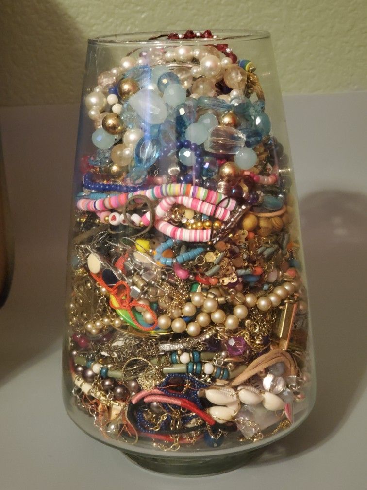 Large Glass Vase Full Of Jewelry Necklaces / Bracelets / Earrings