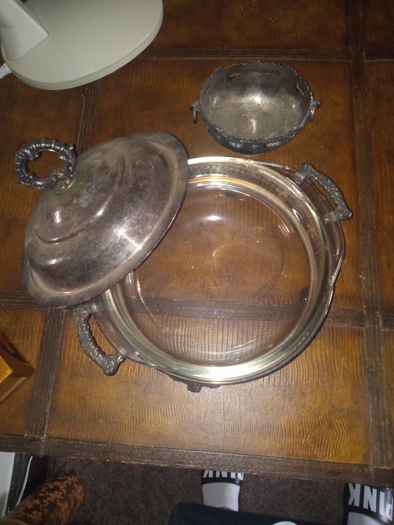 Nice Sterling Silver Plated Vintage Pyrex Glass Bowl And Marked Bowl