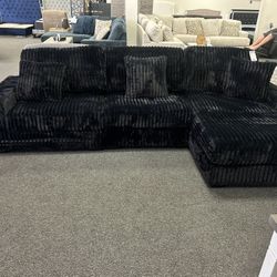 Large Black Corduroy Sectional With USB And Cup holder 