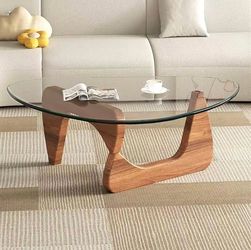 Noguchi Style Glass Coffee Table with Solid Oak Base