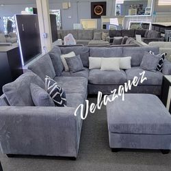 ✅️✅️ 4pc  for grey corduroy fabric upholstered sectional sofa with ottoman ✅️✅️
