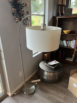 Modern Arc Floor Lamp – Brushed Nickel with Large Drum Shade