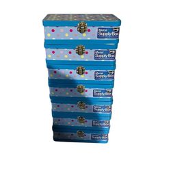 Metal Pencil Box [Supply Box] Lot of 7 | Blue with Multi Color Polka Dots | BRAND NEW