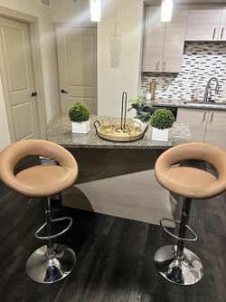 Luxury Tan Bar Stools With Artificial Plants & Kitchen Accessories