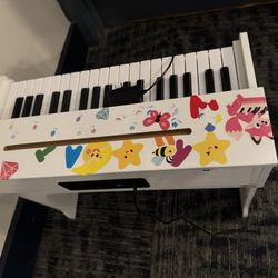 Mustar 37 Keys Kids Wooden Electronic Digital Piano Keyboard Music Education with Stool, Songbook, DIY Stickers (White)