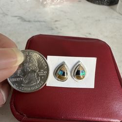 Vintage 925, Native Am. Stud Earrings, Tigers Eye , Black Onyx, Opal , And Jasper, Marked Sterling, New Rubber Backs