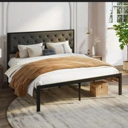 King  Size Metal Bed Frame with Linen Upholstered Headboard ,Gray Z-11