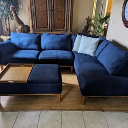 Mid-Century Modern Blue Fabric 3pc Sofa Sectional Set