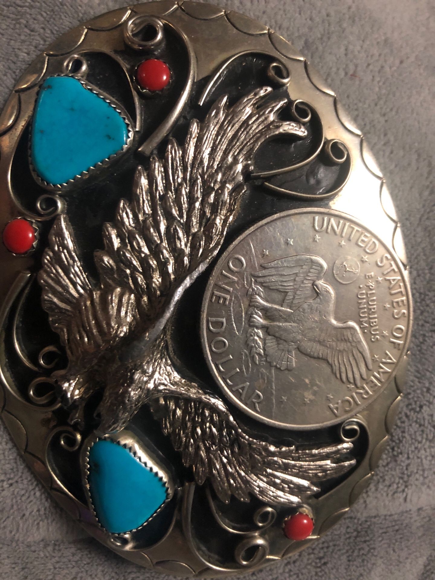 Belt buckle real silver with the turquoise stones