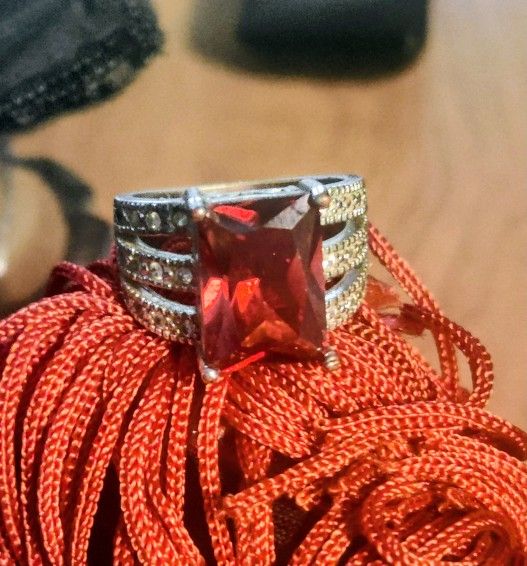 Large Garnet Rectangle Stone Accented Clear CZ Stones Silver Ring .925 Size 8.5