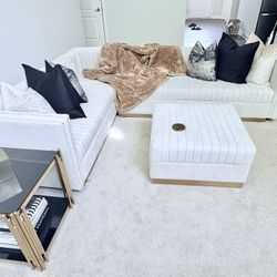 Velvet Beige Tufted Sectional W Ottoman 