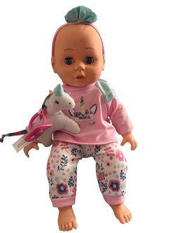 Baby doll My Sweet Love Sweet Baby 14-inch doll wearing a pink top with a unicorn graphic and floral pants, accompanied by a stuffed unicorn toy.  The