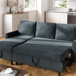 Walsunny Sectional Sofa Couch Bed, L Shaped Sleeper Sofa Bed, Dark Gray