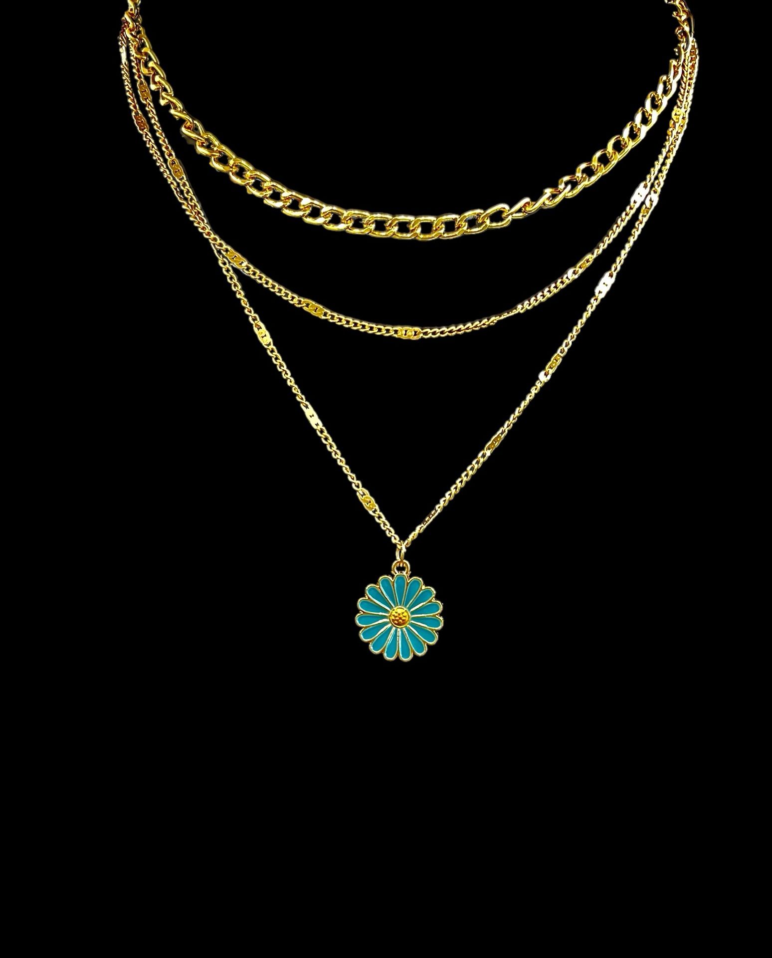 3 Layered Chain W/Turquoise Pendant 