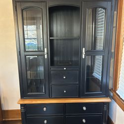 Wood and Glass Hutch with Black Finish Snd Brown Trim