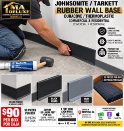🔥 JOHNSONITE / TARKETT RUBBER WALL BASE – BLACK & GRAY / NEGRO Y GRIS 🔥  💰 $90 PER BOX / $90 POR CAJA retail price each cs $139 plus tax   📏 4 FEE