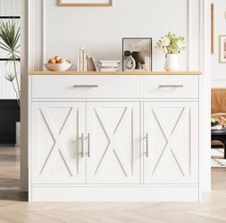 43” Coffee Bar Cabinet, Farmhouse Buffet Cabinet with Storage, Sideboard Buffet with Drawers and Shelves for Kitchen, White