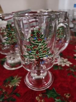 Vintage Luminarc Christmas Tree Glass Footed Iris Coffee Mugs Set Of 3