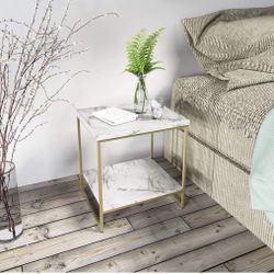 White Marble Print Side Table with Gold Metal Frame