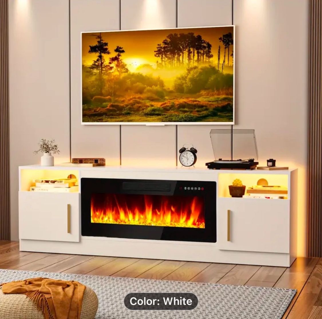 70" Large Wooden TV Stand with 36" Electric Fireplace - Media Console with High Gloss Storage Cabinet, 16 Colors LED Lights, and Spacious Shelving for