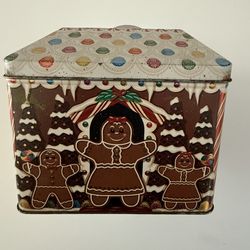 Vintage Gingerbread House Holiday Collectible Tin. Snowman and Christmas Tree.