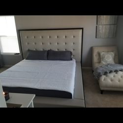 Ludlow Bed in Pearl Gray Eco Leather and Gray Oak