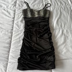 Black Satin Ruched Bodycon Mini Dress with Silver Lace Bust – Worn Once – Size 3 - Definitely fits Small 
