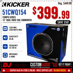 Kicker CompQ CWQ15 Bass Speaker 15" Dual Voice Coil Subwoofer 2400 Watts 51CWQ154 🚨 Payment Options Available 🚨 No Credit Needed 🚨