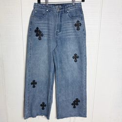 Amanda Whoo Cross Patch Wide Leg Jeans Womens Size L Blue Y2K Raw Hem Denim