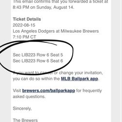 Dodgers vs Brewers 2 Tickets !! August 15th Monday