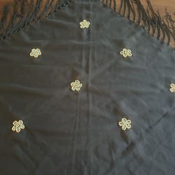 Cejon designer, black, triangular floral bead, Work vintage ladies scarf