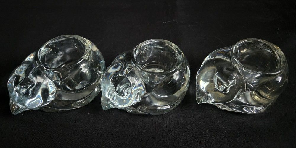 3 Indiana Glass Crystal Sleeping Cat Votive Candle Holder Vtg 4.5"X2.75" each