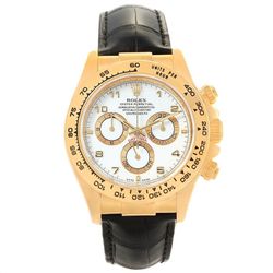 *Men's Rolex 40mm Daytona 18K Yellow Gold Watch with Black Leather Strap and White Dial. (Pre-Owned 116518)