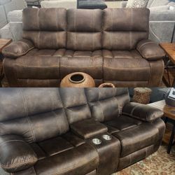 Real leather all power electric brown leather couch and love seat